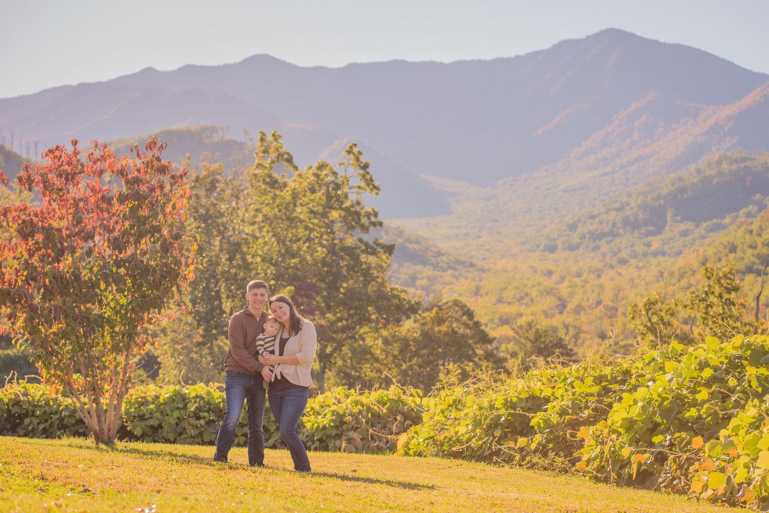 Gatlinburg Photographer Tn portrait of a couple embraces on a hilltop overlooking a scenic mountain valley with autumn foliage at sunset.