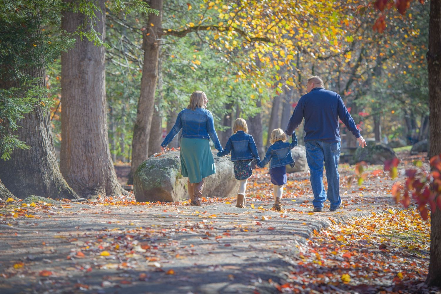 Family and dogs walking together on an autumn path covered in fallen leaves under golden trees by Gatlinburg TN Photographers.