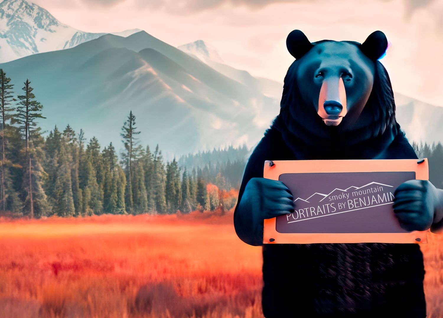 A black bear holding a wooden sign that displays the new logo for Gatlinburg's best photographer Smoky Mountain Portraits by Benjamin.