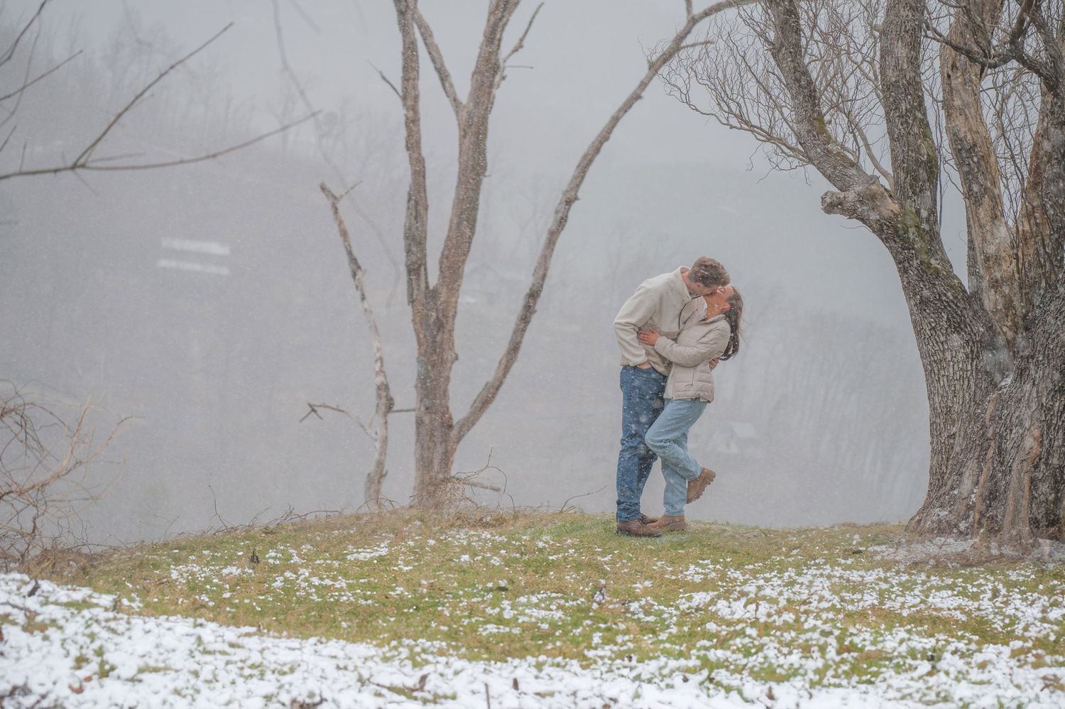 A romantic winter scene with barren trees and light snow dusting the ground in a foggy landscape by Sevierville Photographer TN.