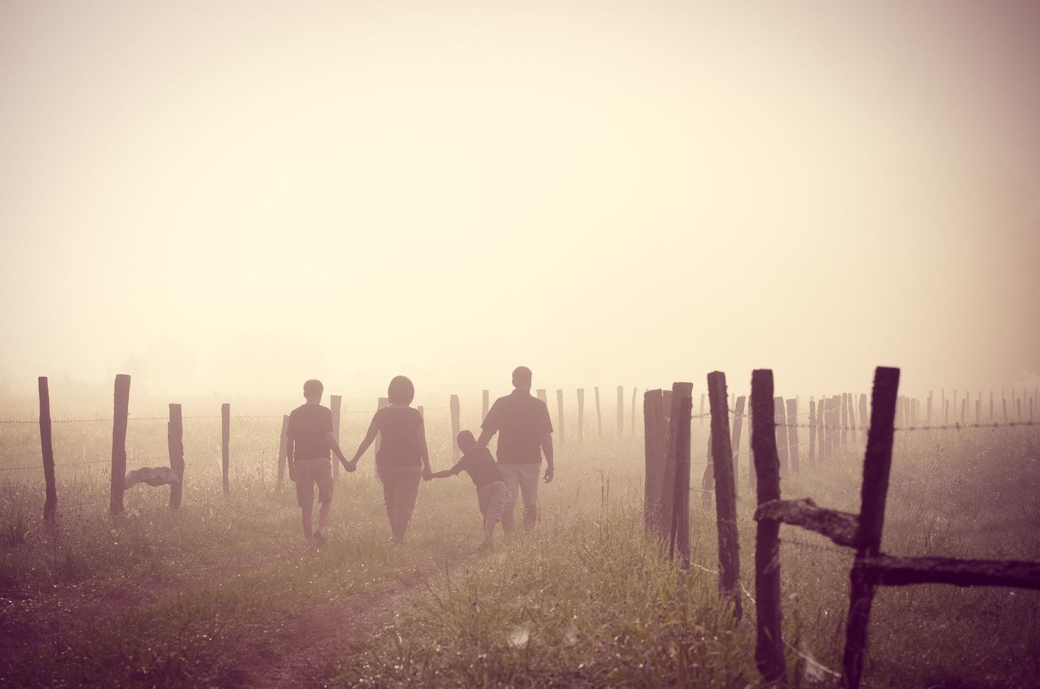 Three silhouettes walk along a misty rural fence line at sunset creating a dreamy atmospheric scene.