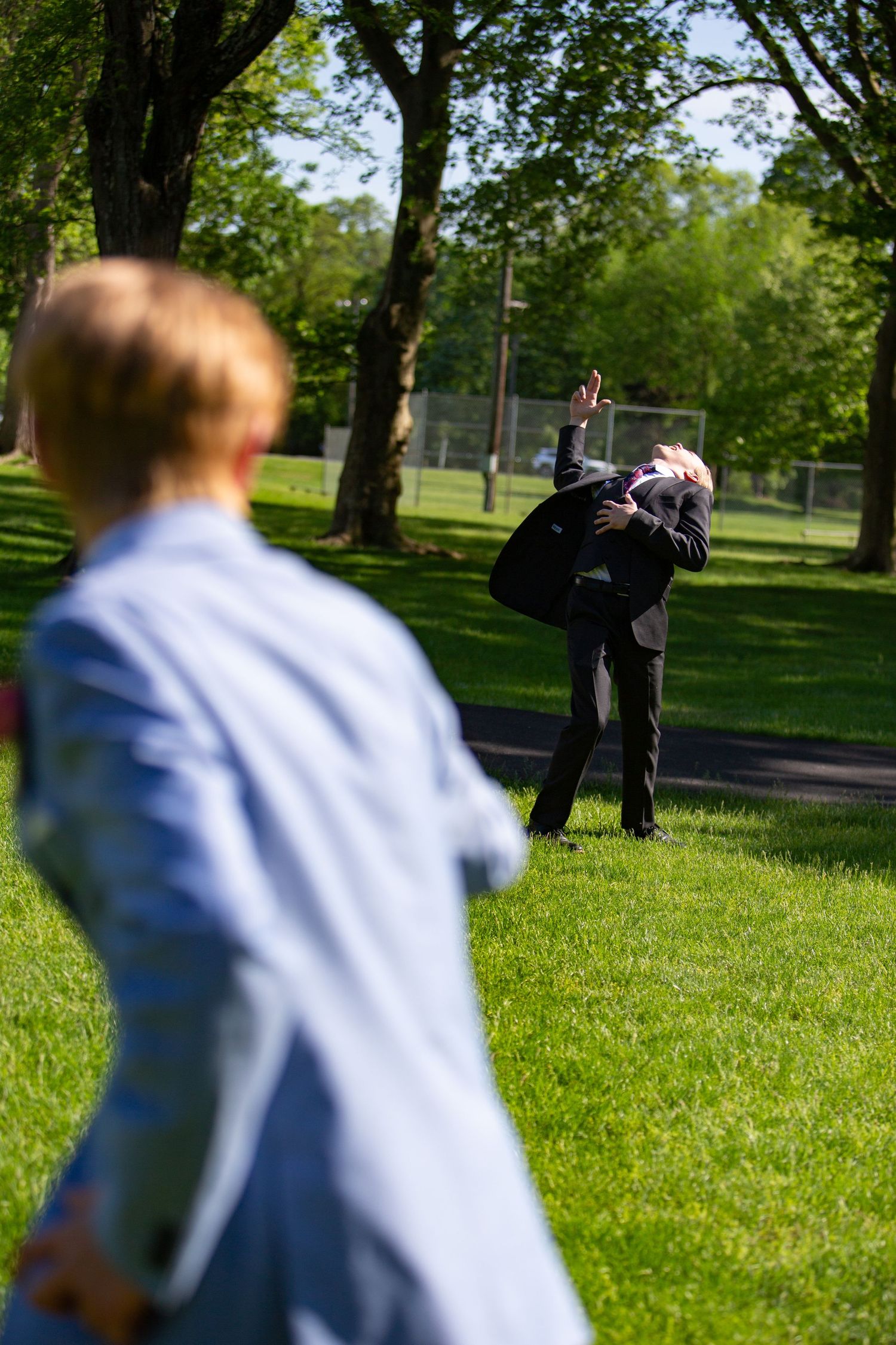 People enjoying a sunny spring day in a green park with trees, photographed from behind against bright natural lighting.
