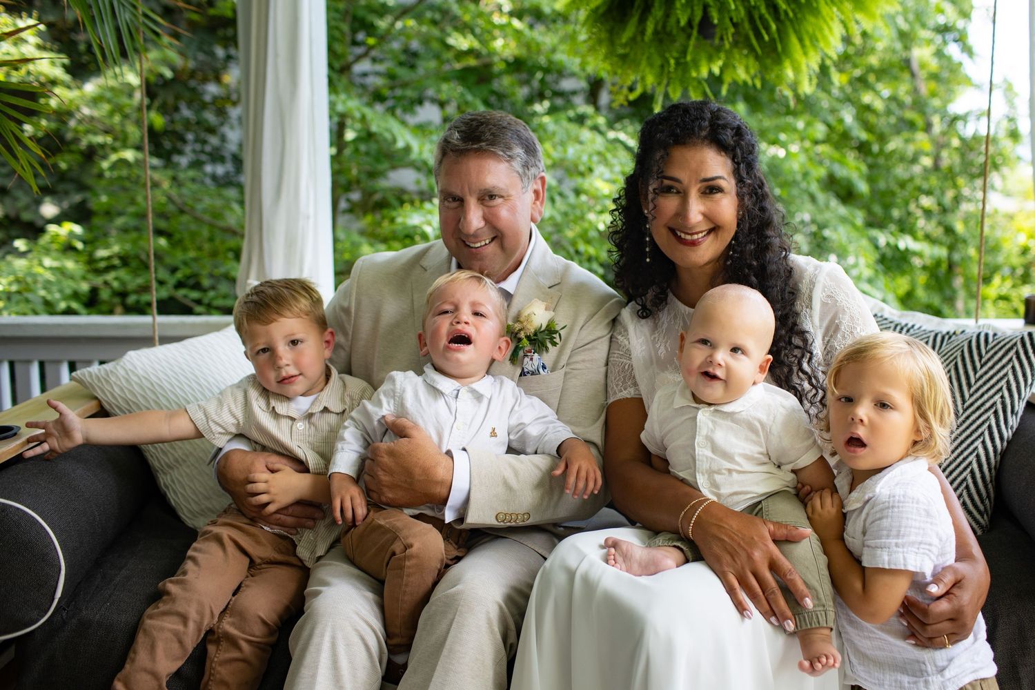 Casual lifestyle photos showing tender moments shared between family members on a sunny porch.