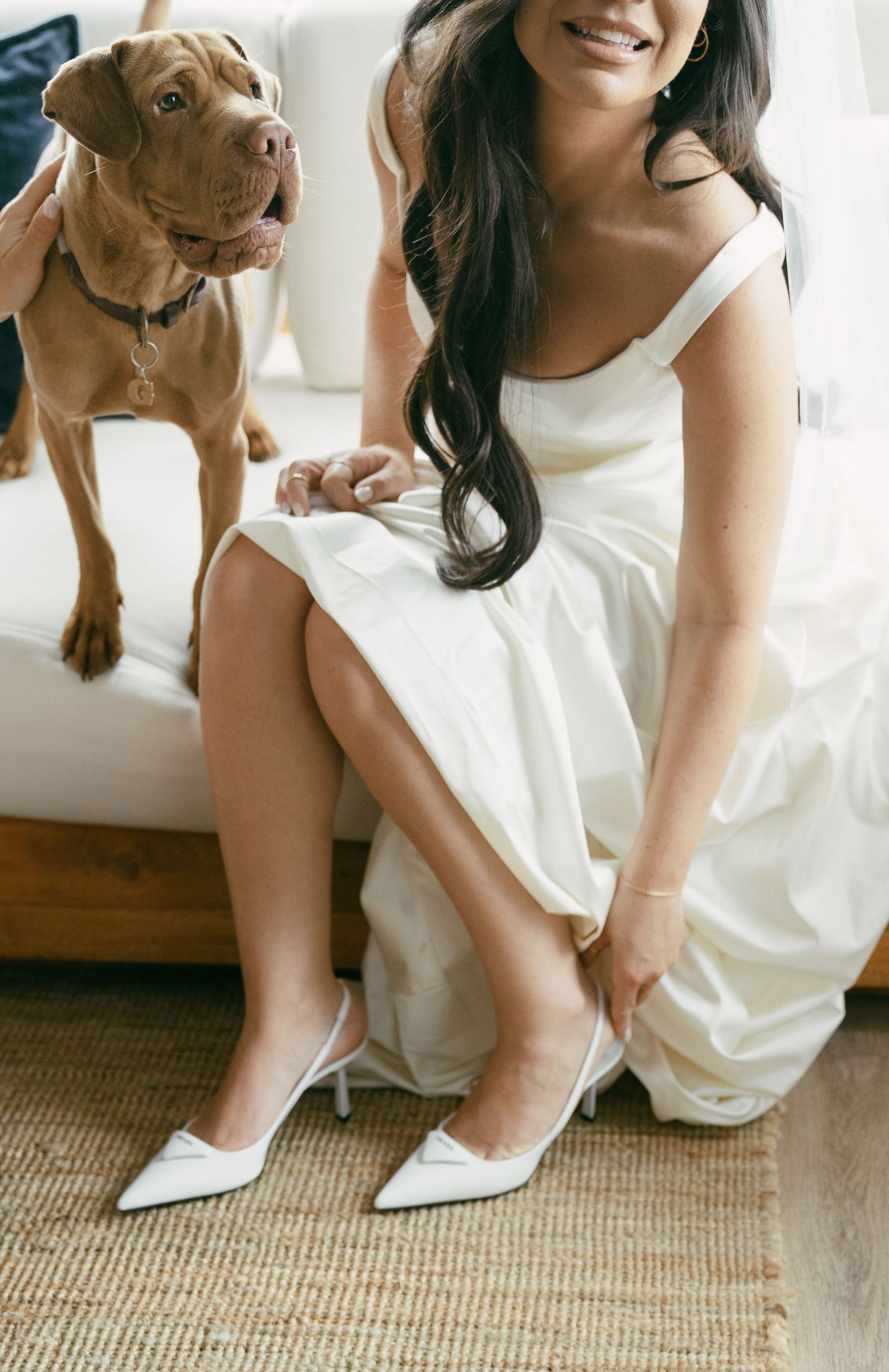 A brown dog sits next to someone in a white dress and white kitten heels on a beige carpet.