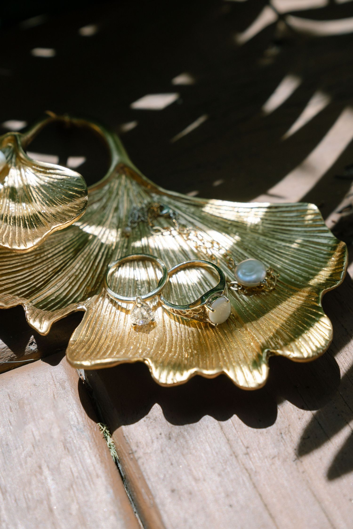 Gold seashell-shaped trinket dish with shadows creating artistic patterns.