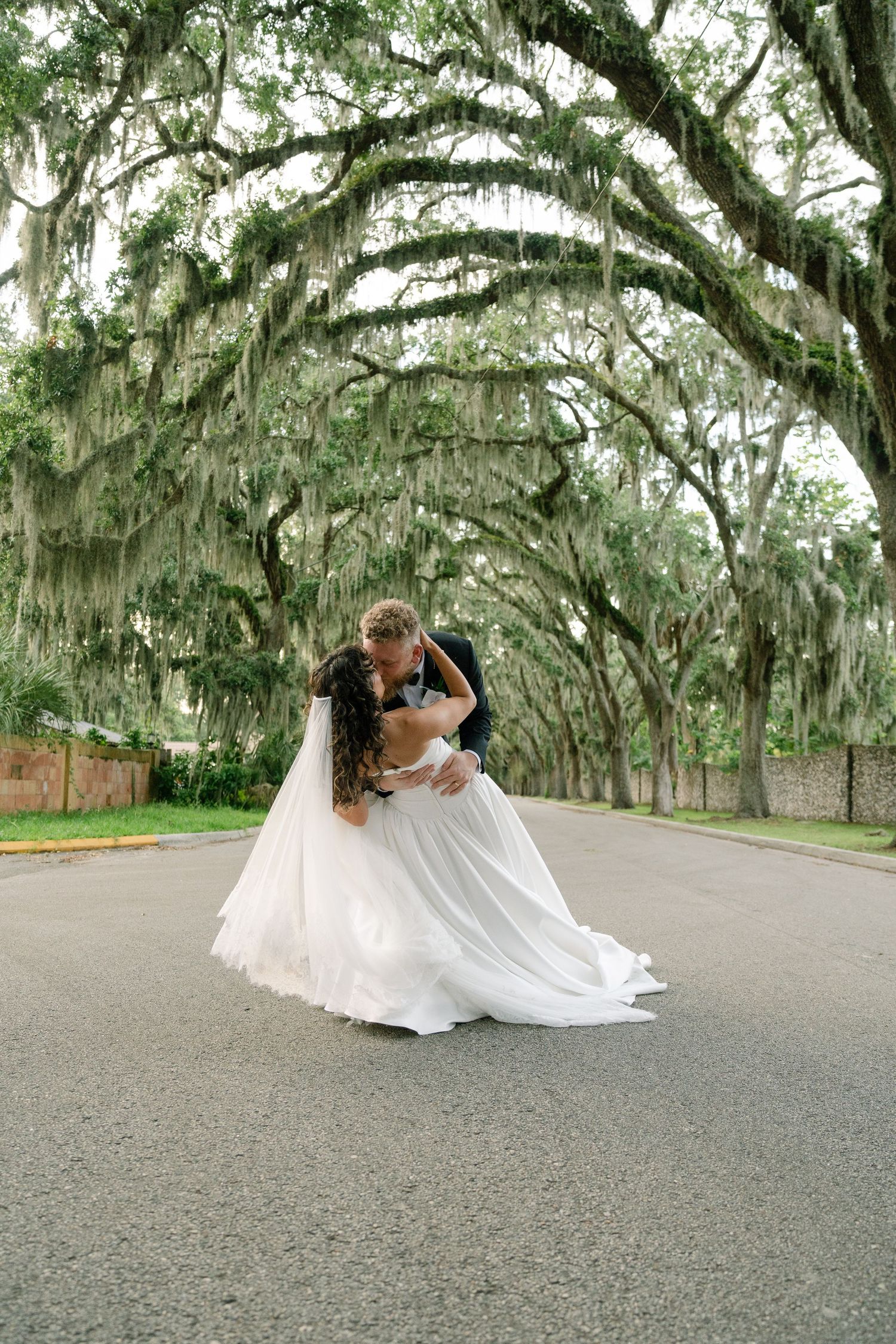 Romantic wedding photo under a canopy of Spanish moss-covered oak trees.