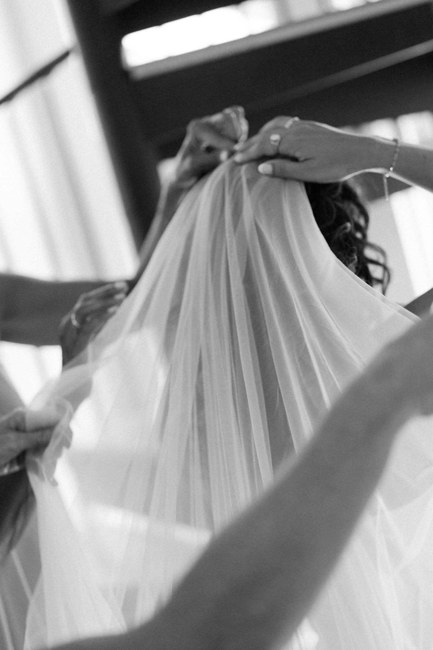 Delicate adjustments being made to a flowing white wedding veil in soft natural light.