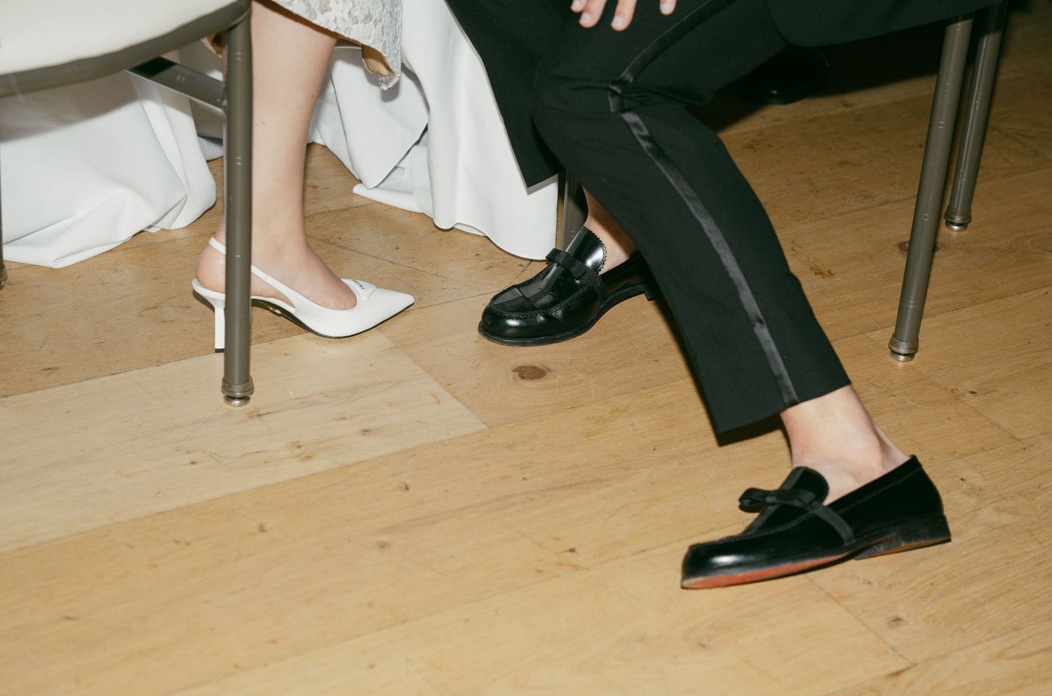 Series of cropped photos showing wedding attire and shoes on a wooden floor.
