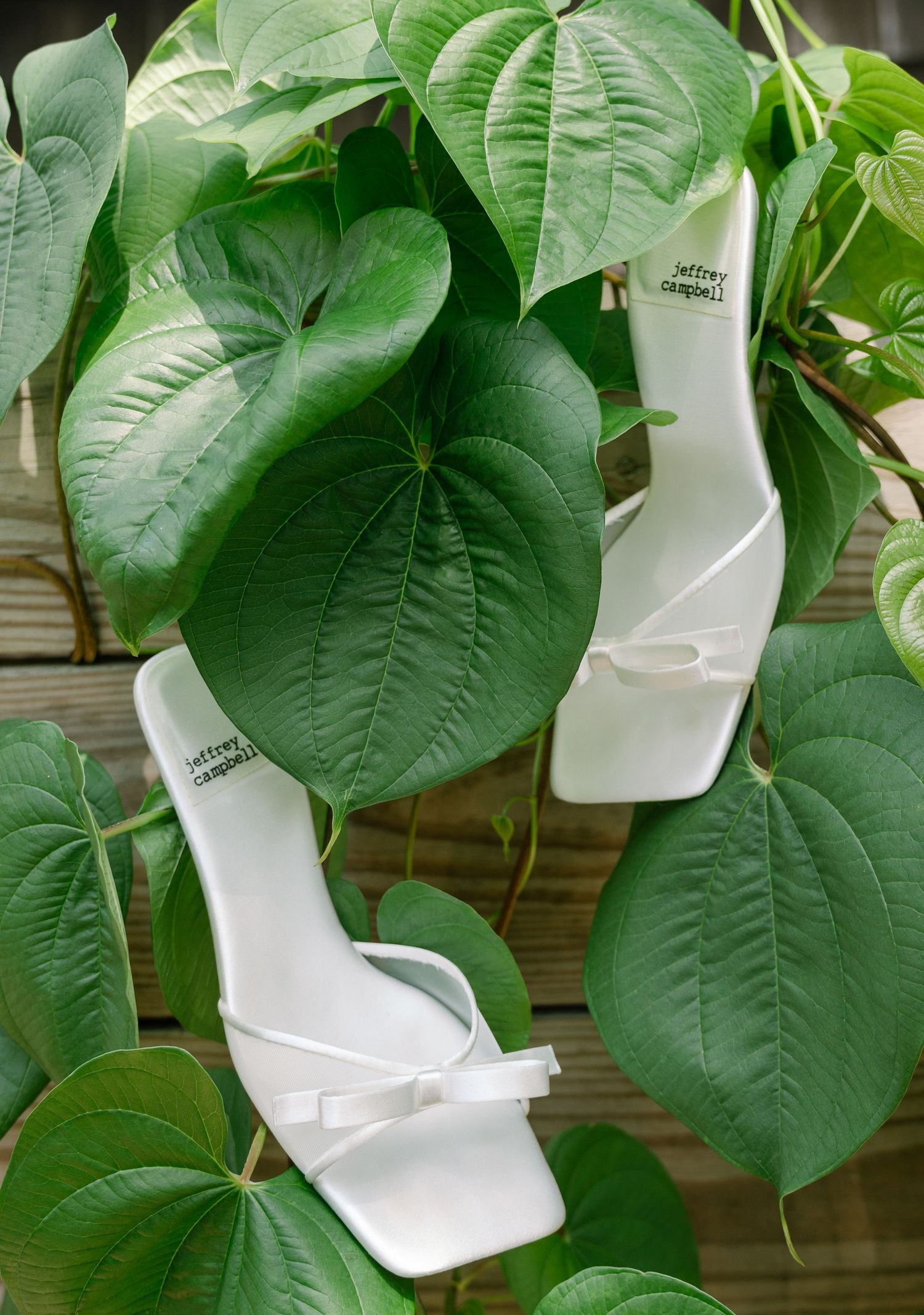 White bridal sandals with stiletto heels nestled among large green tropical leaves.