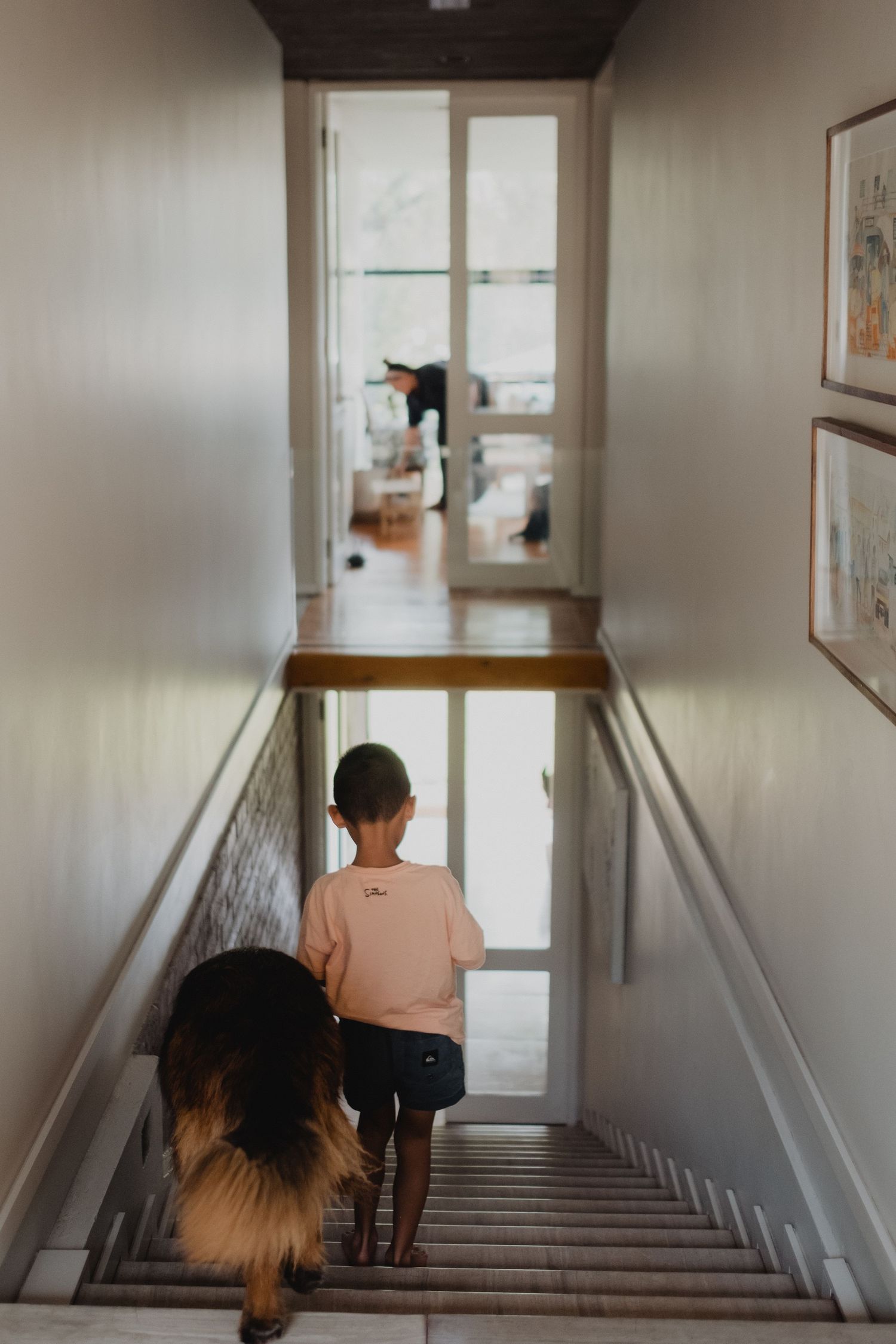 Kid walking down stairs while dog follows him, while mom is busy in room upstairs, captured by Wouter Kleynhans home family shoot Pretoria