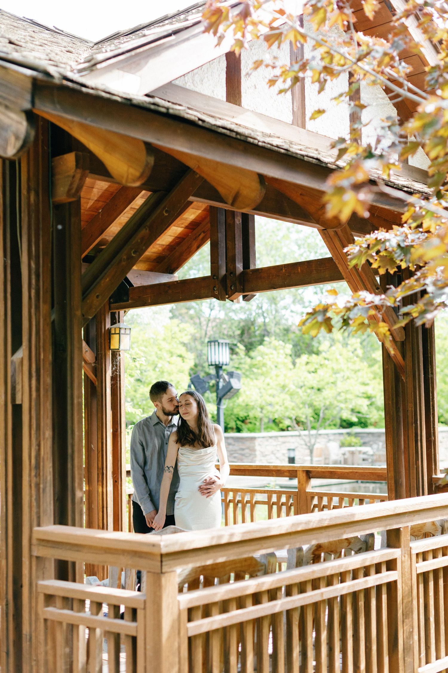 engaged couple in a pagoda