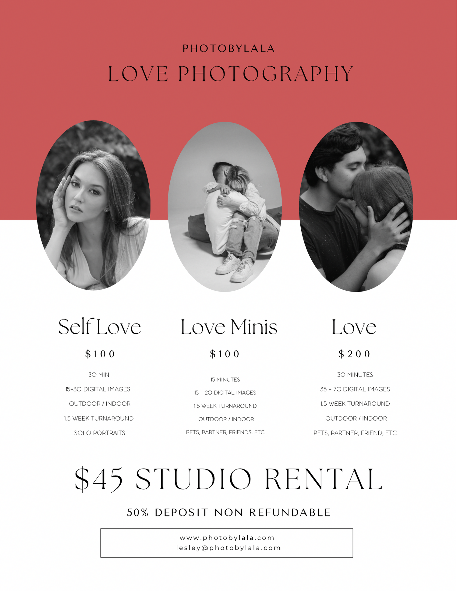 A pink and white photography studio pricing menu showing three service tiers for portrait sessions and rental options.