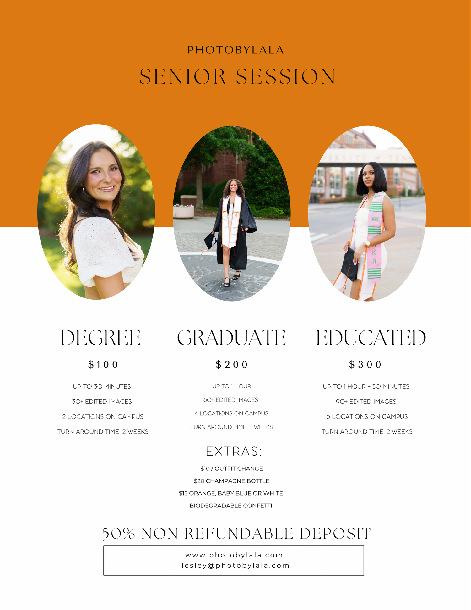 Orange and white photography pricing guide showing three senior portrait package tiers with graduation themed session options.