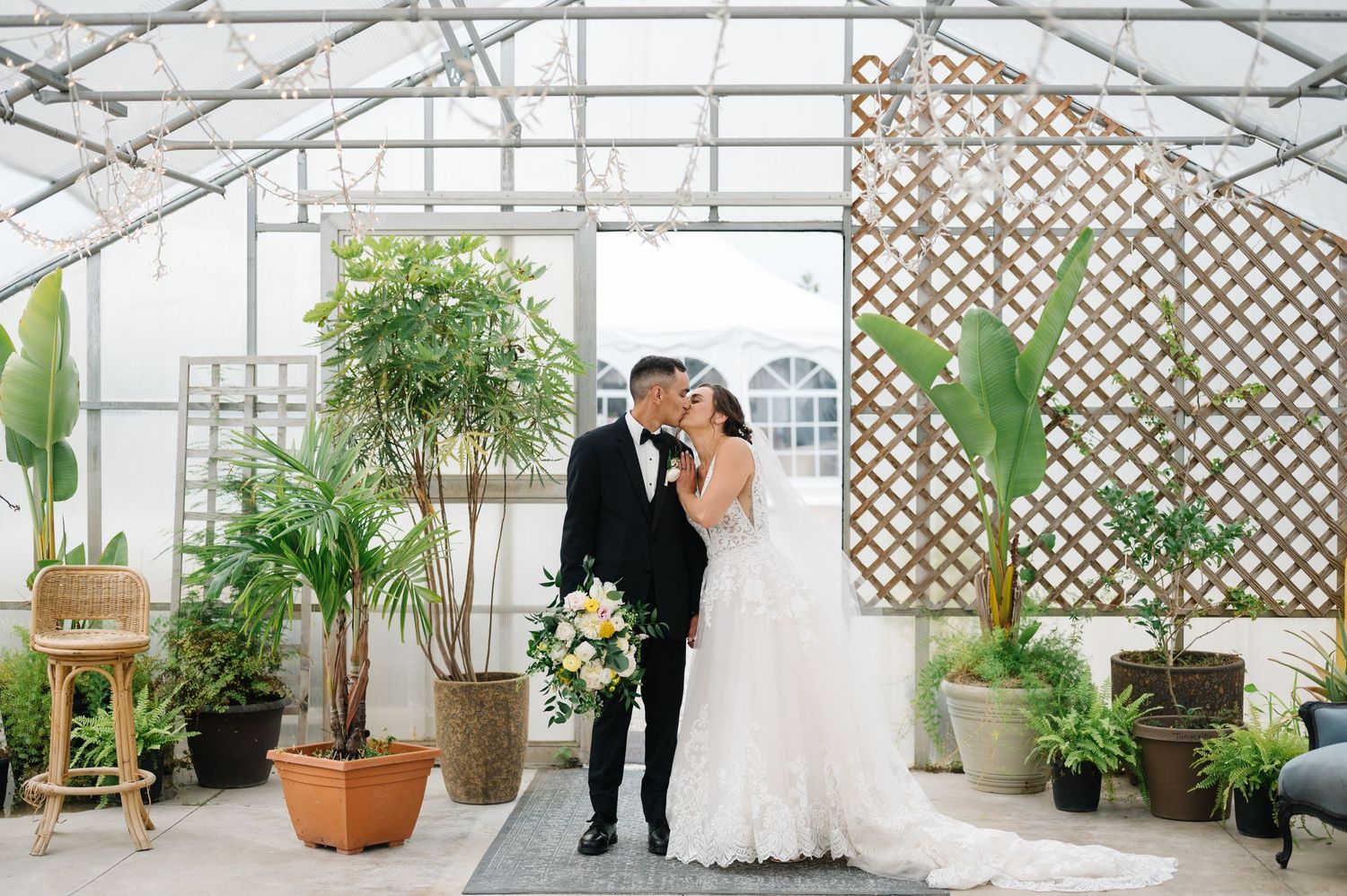 Romantic wedding couple embraces in a bright greenhouse filled with tropical plants and wooden lattice decor.