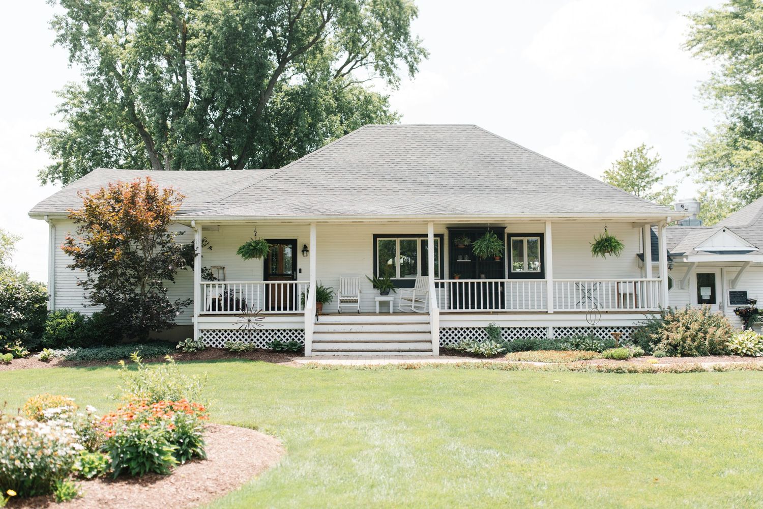 A charming white ranch house with wrap-around porch features colorful floral gardens and mature trees in the yard.