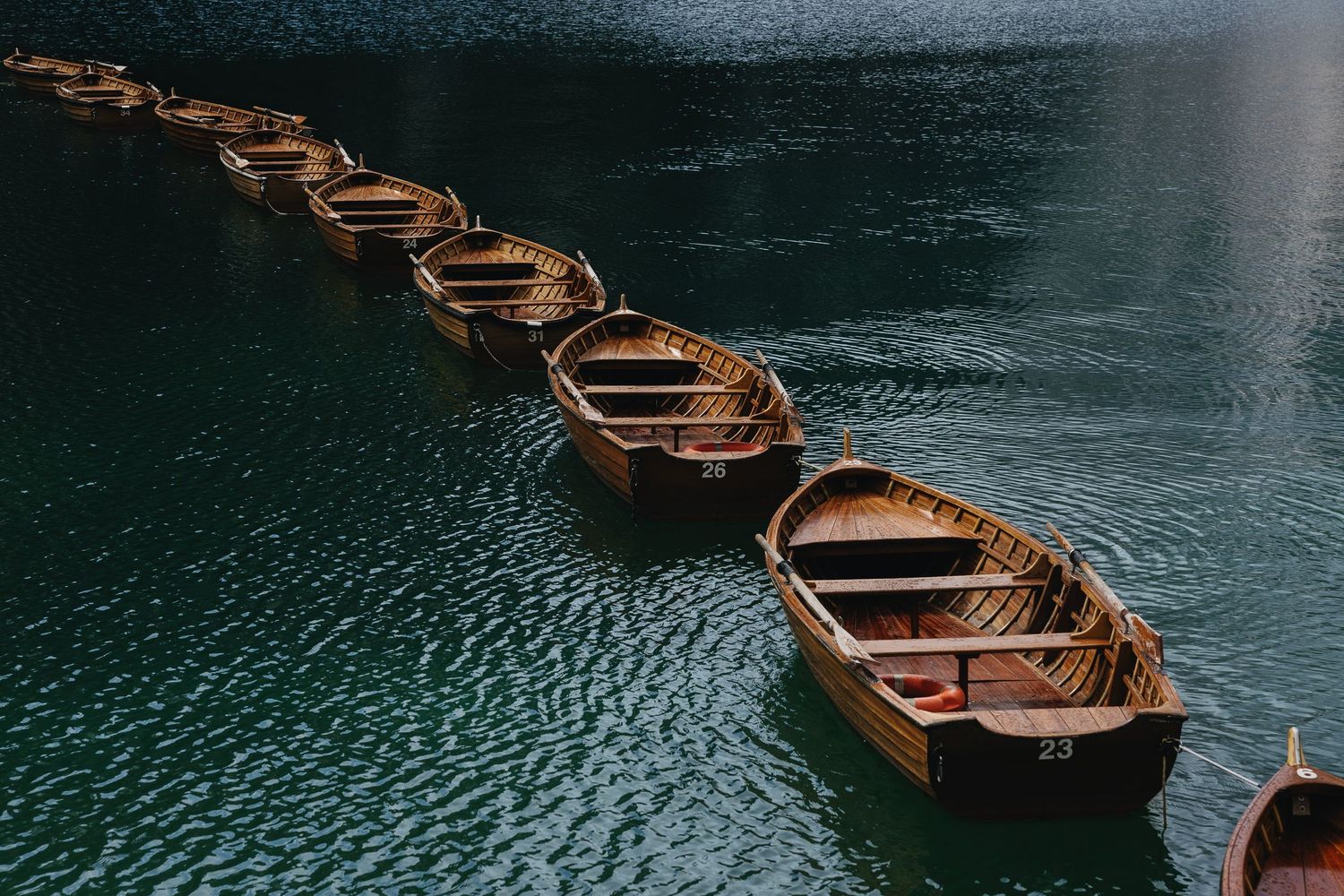 A line of wooden rowing boats tied together float in dark green water, creating a diagonal chain formation.