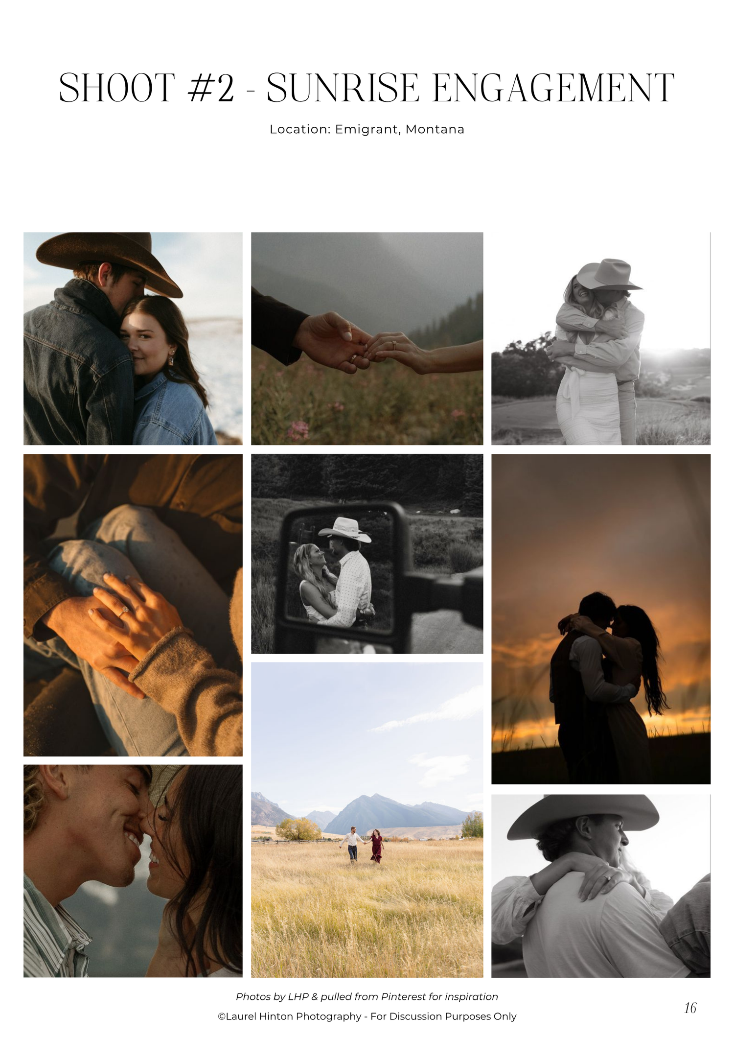 A romantic collection of engagement photos showing couples embracing at sunrise with mountains and natural landscapes.