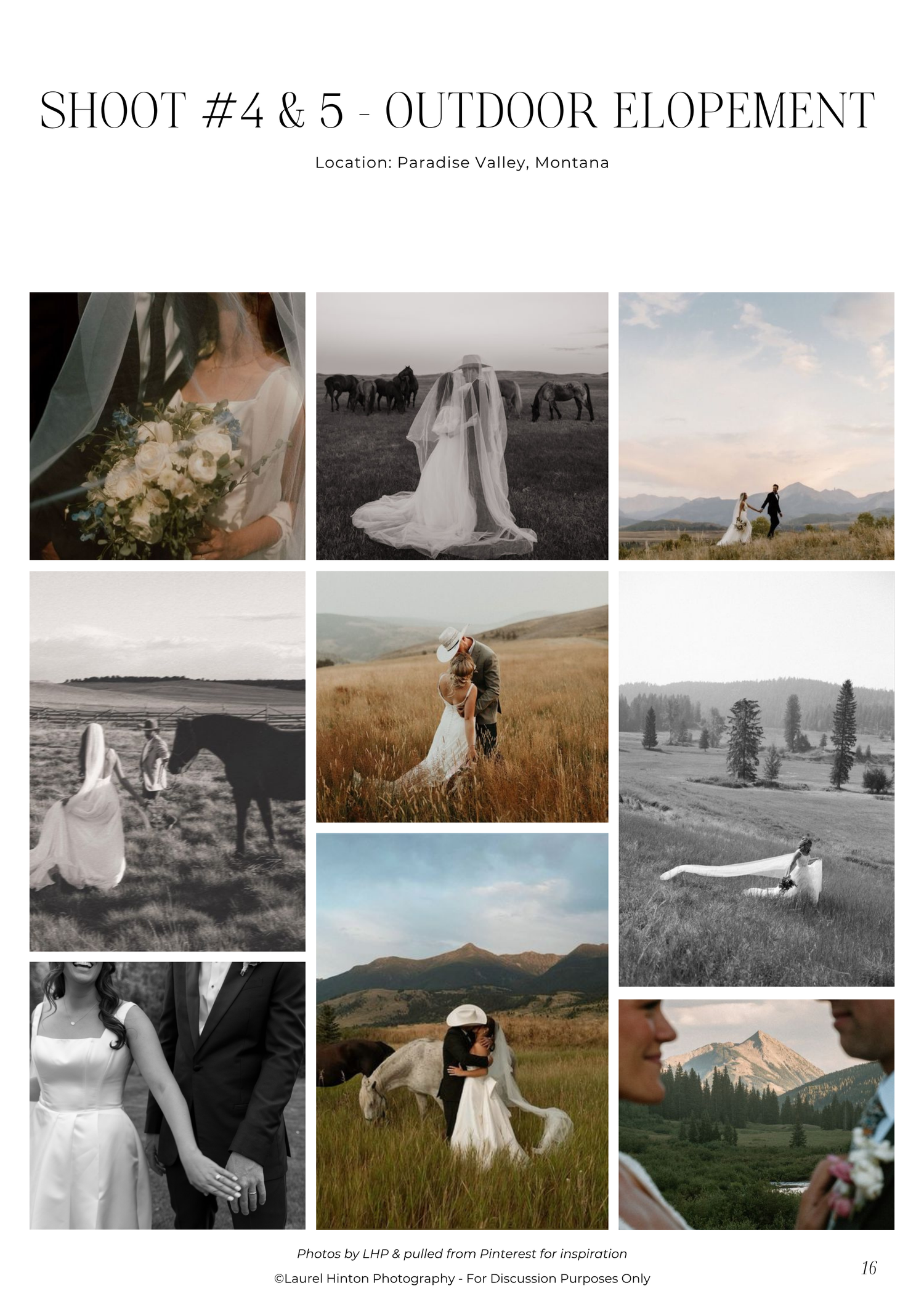 A collection of scenic outdoor wedding photographs featuring natural landscapes with mountains, fields and sunset views.
