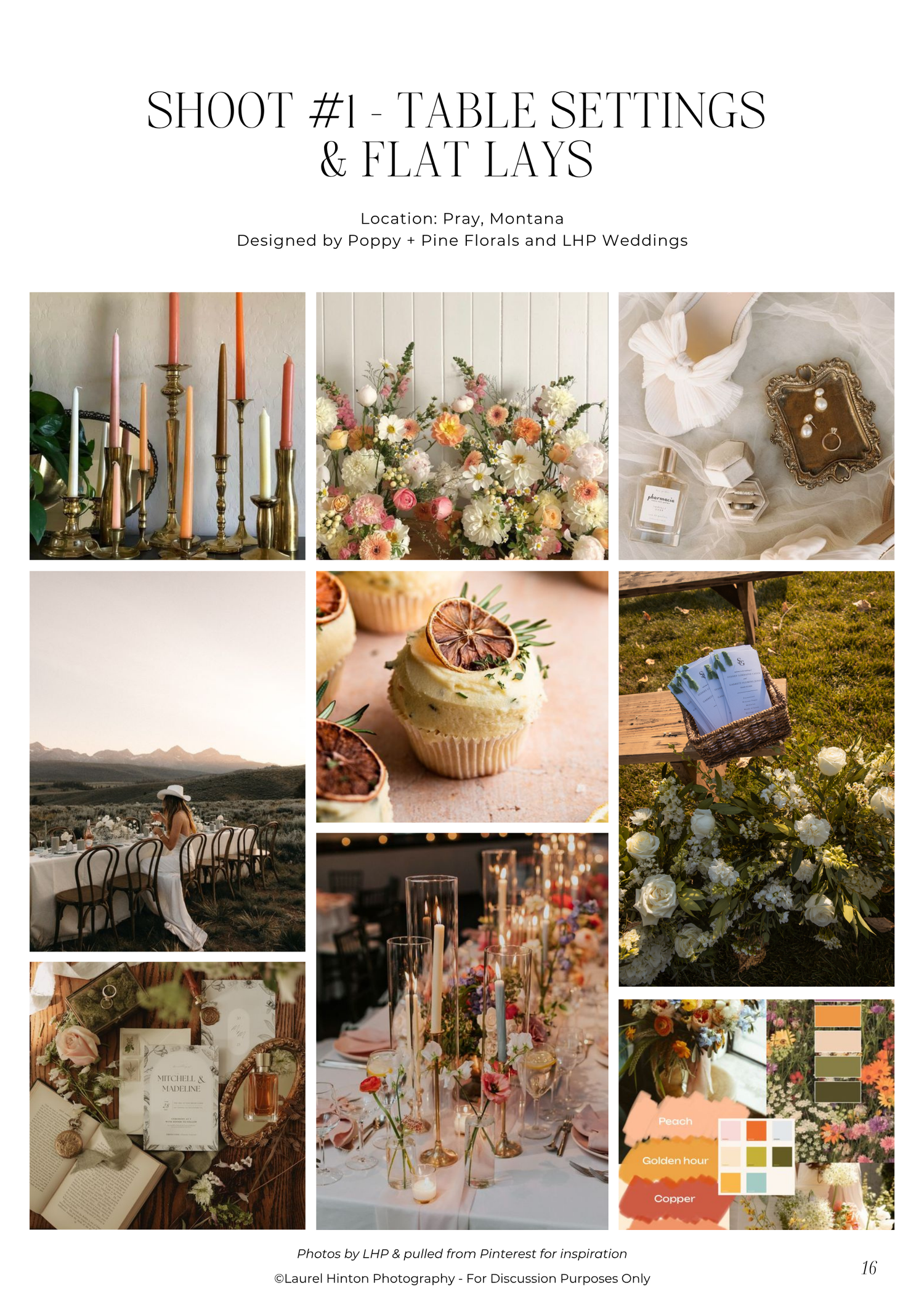 A wedding mood board featuring table settings, floral arrangements, candles, and event decor in romantic peach and coral tones.