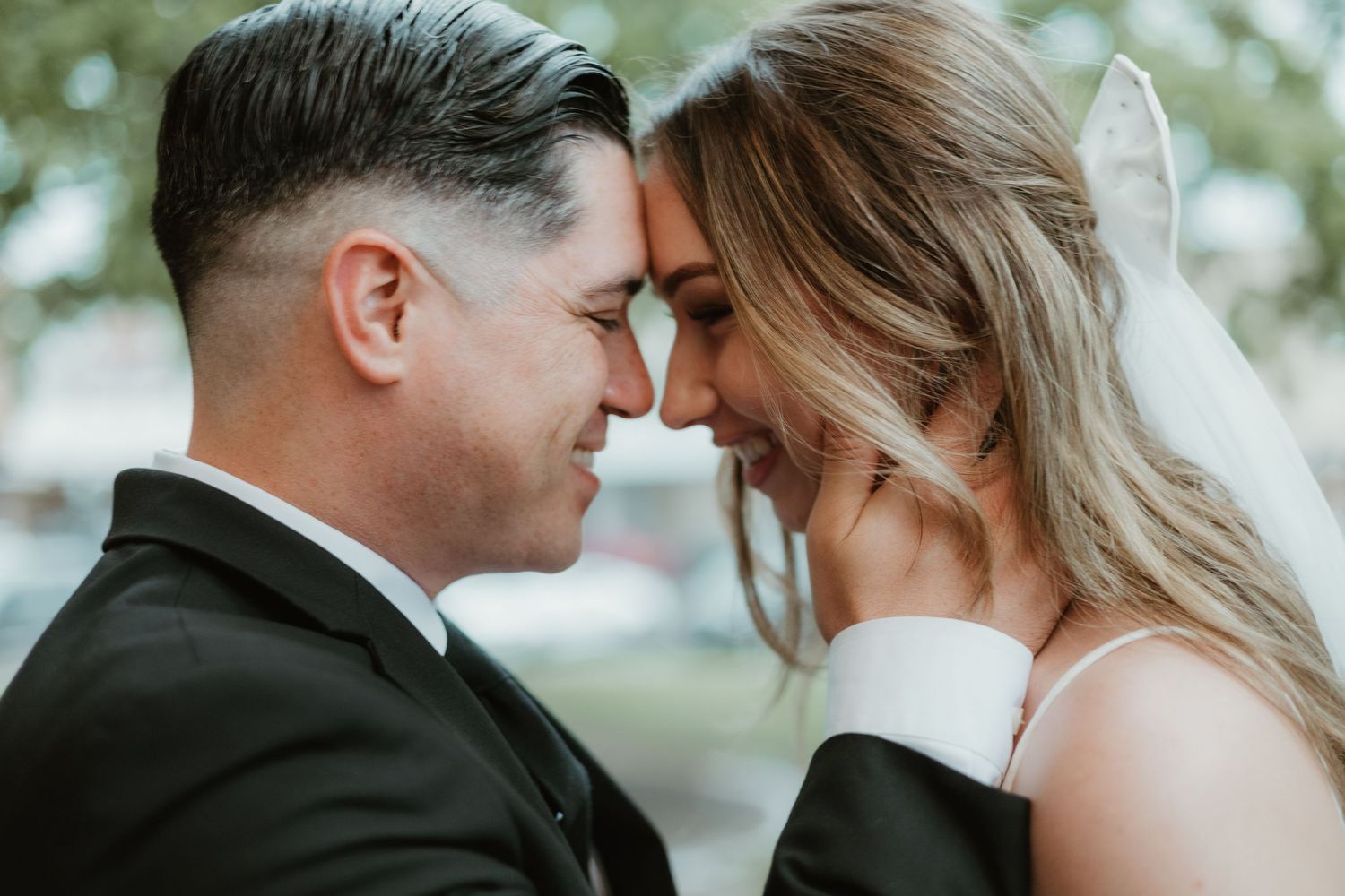 A loving couple shares romantic moments in their wedding attire creating an intimately styled photo collage.