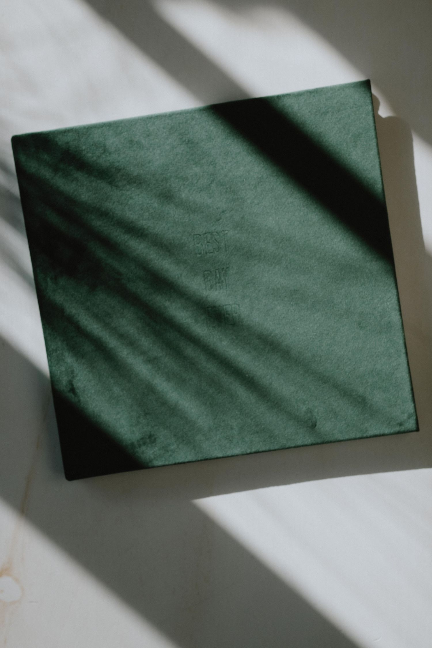 Emerald green velvet photo album cover with dramatic shadow patterns.