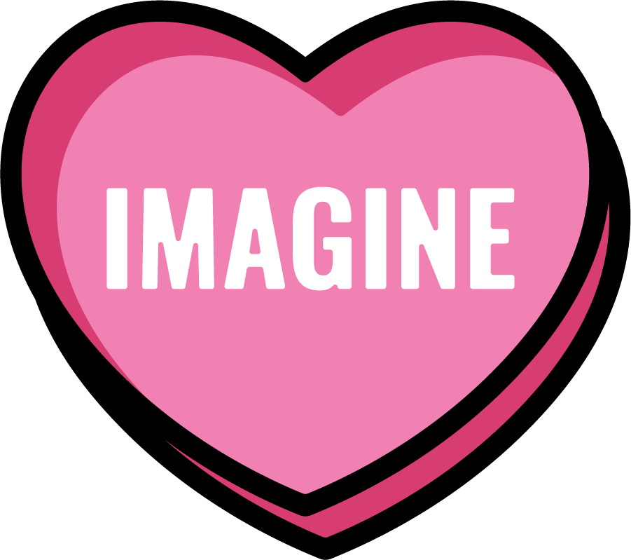 Pink heart shape with the word 'IMAGINE' in white text.