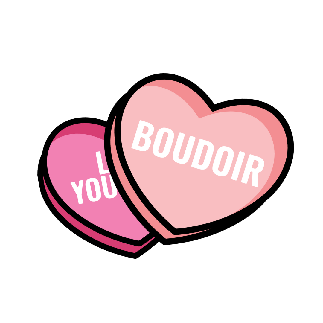 Two overlapping heart shapes in pink colors with text reading 'YOU' and 'BOUDOIR' against black background.