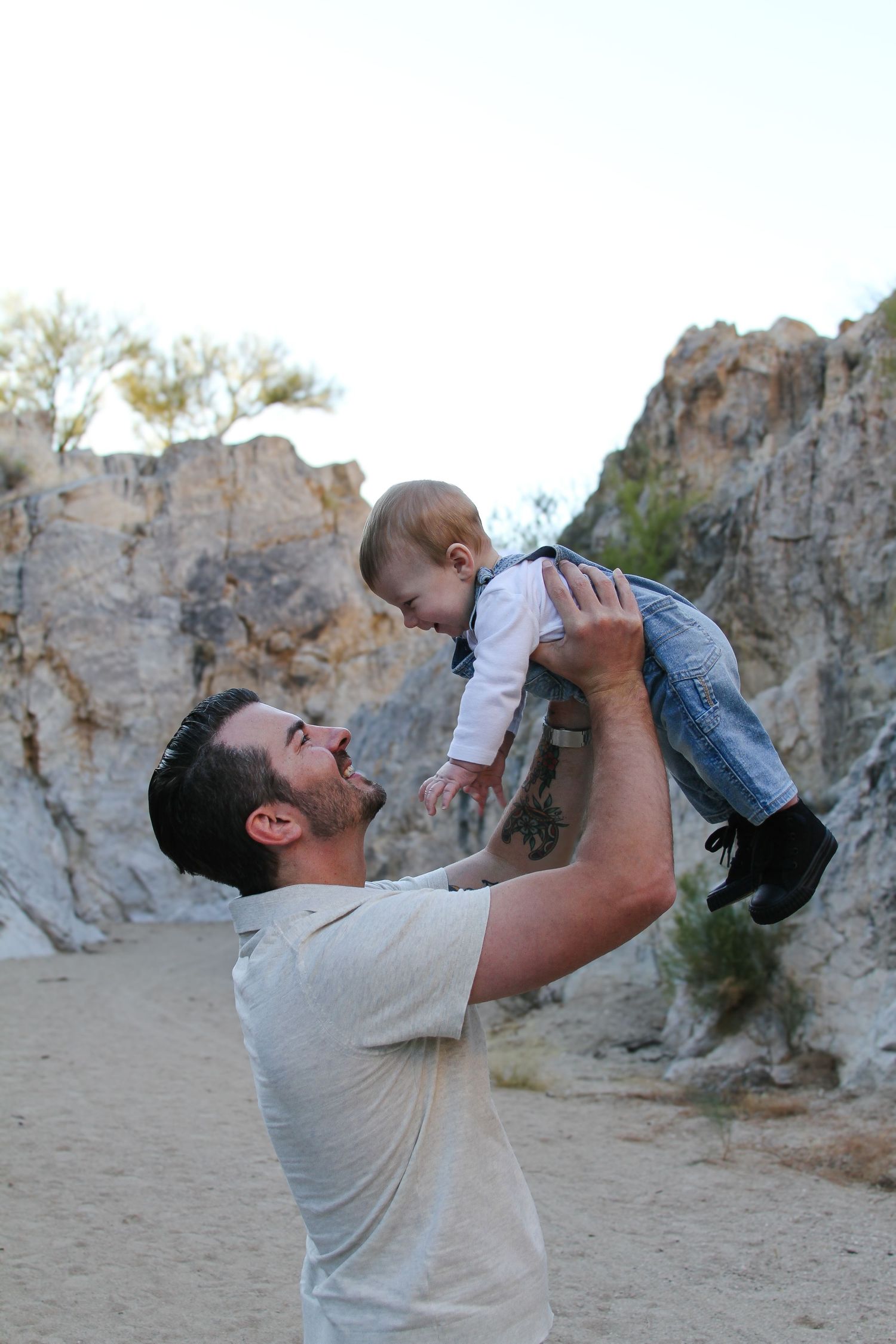 Parent lifting baby in air against rocky desert cliff background.