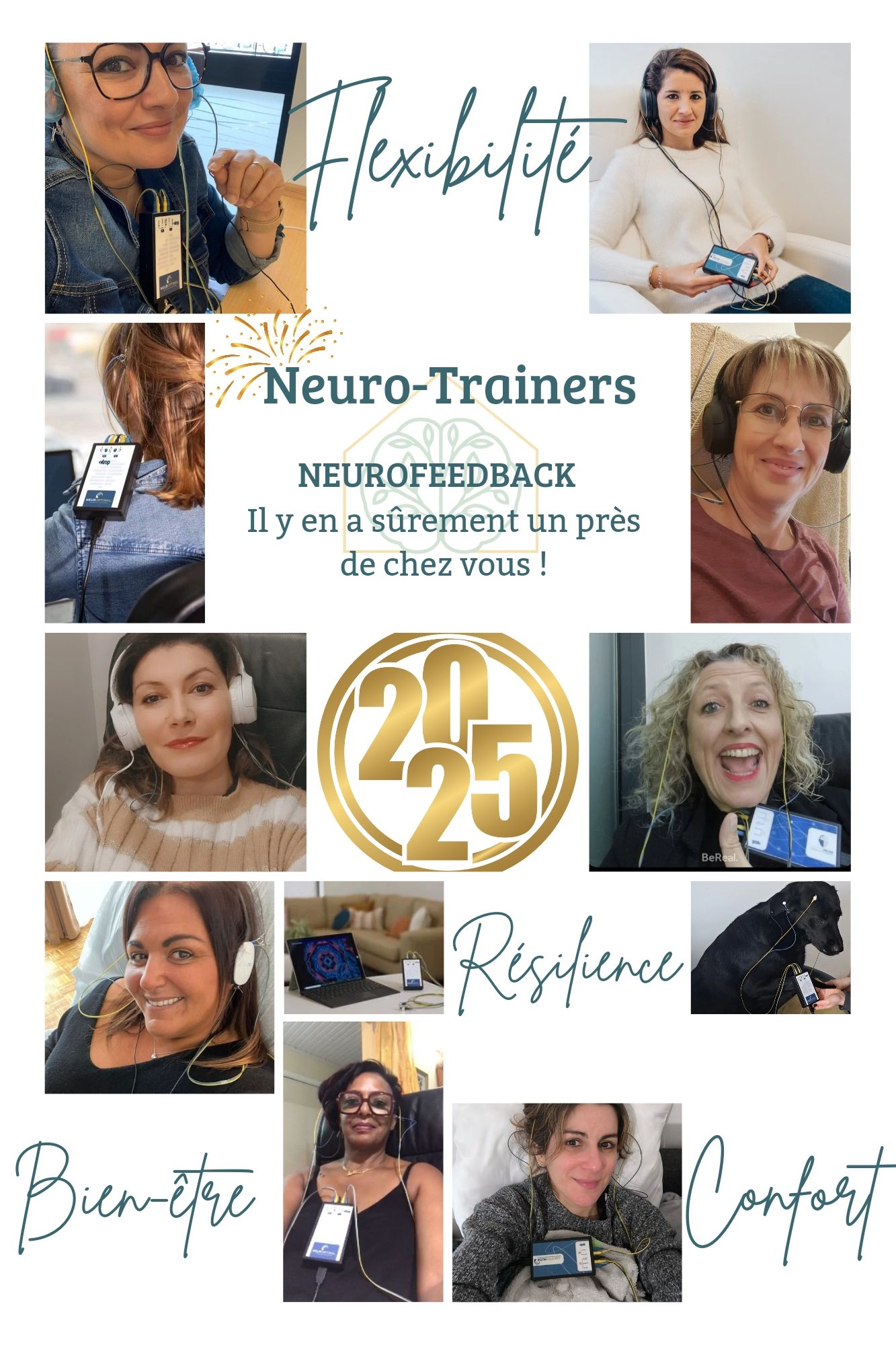Neuro-Trainers promotional collage featuring flexibilite, resilience and comfort themes with 2025 branding.