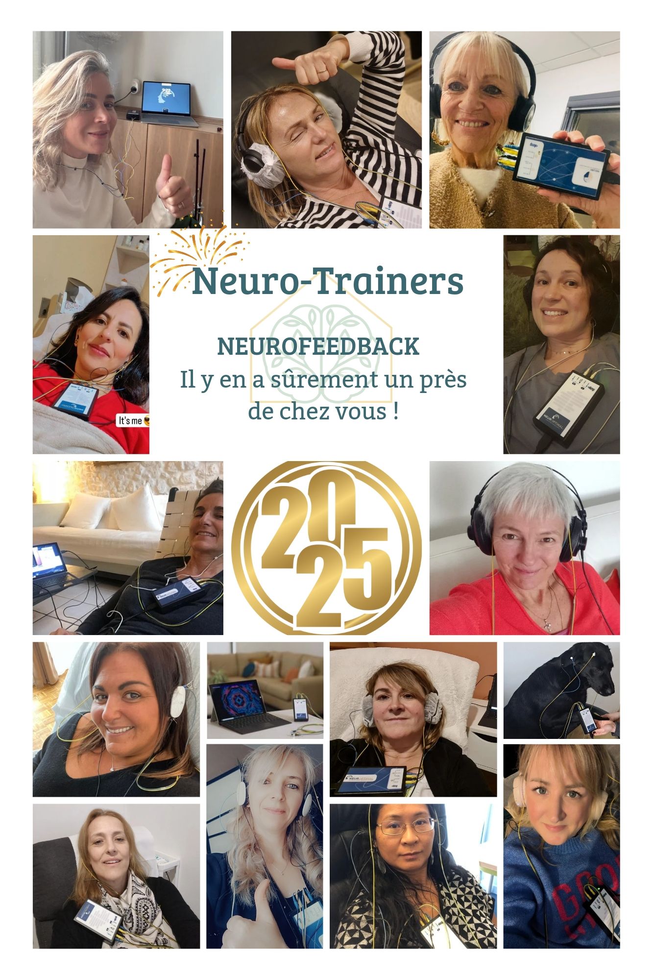 Collage of neuro-trainers with headphones showing neurofeedback devices in 2023.