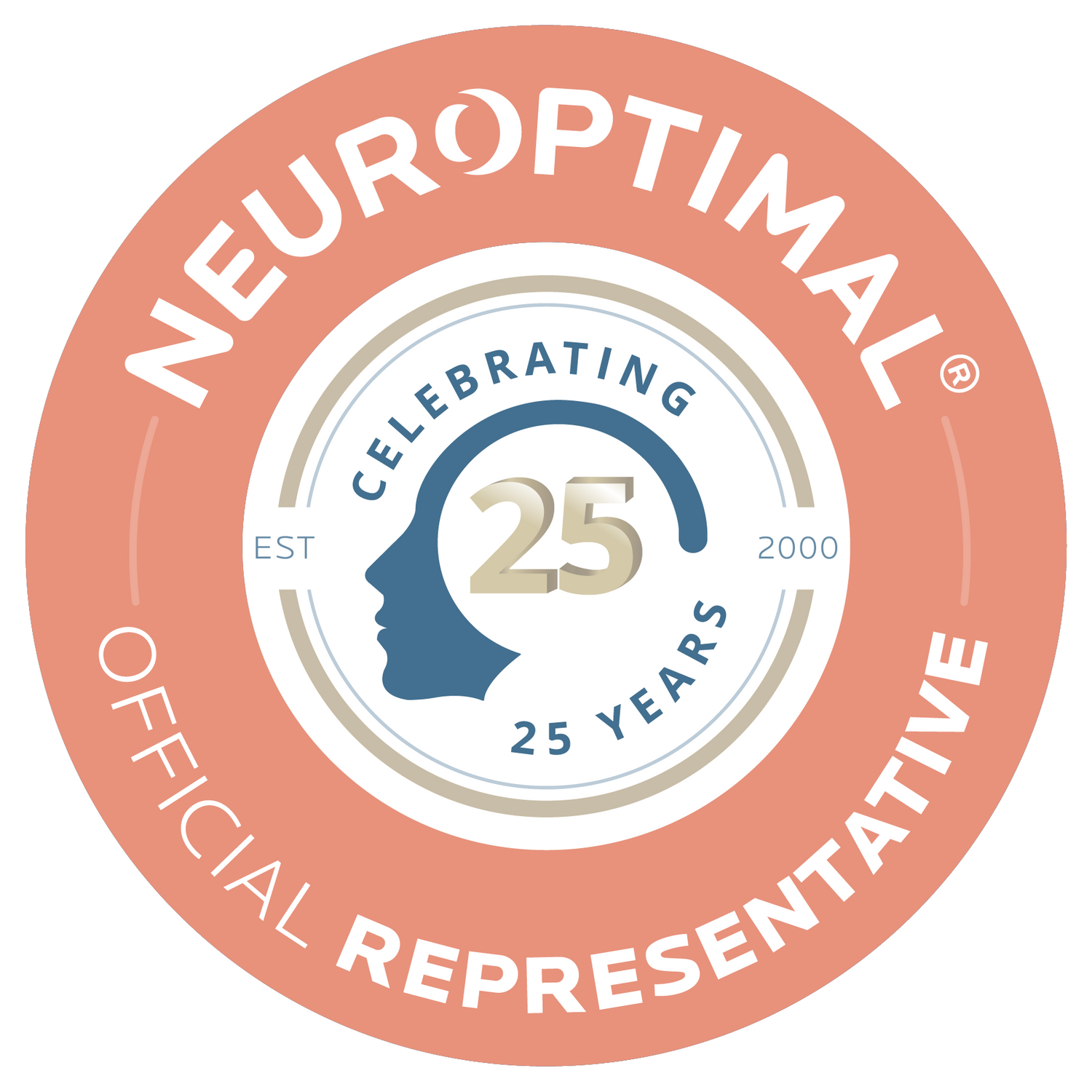 Neuroptimal official representative badge in coral color with 25th anniversary emblem.