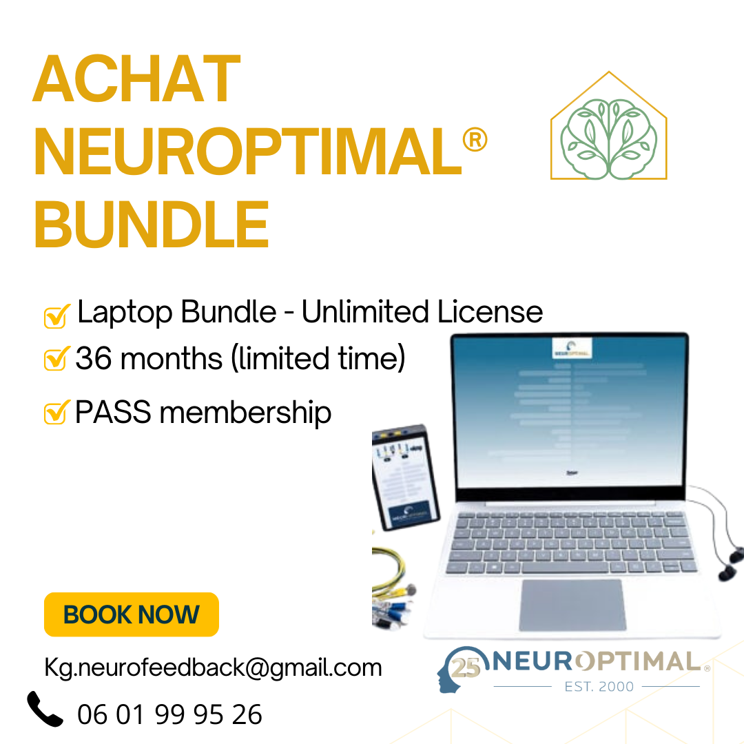 Neuroptimal laptop bundle advertisement showing device mockups and contact details for booking unlimited license packages.