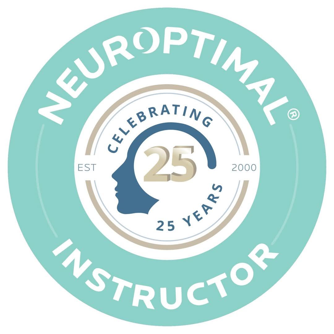 Neuroptimal instructor certification emblem in turquoise with 25 year celebration design.