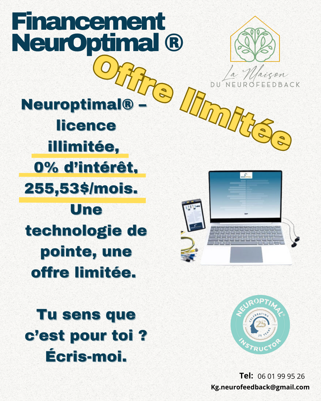Advertisement for NeuroOptimal financing with unlimited license offer showing laptop and phone icons with pricing details in French.