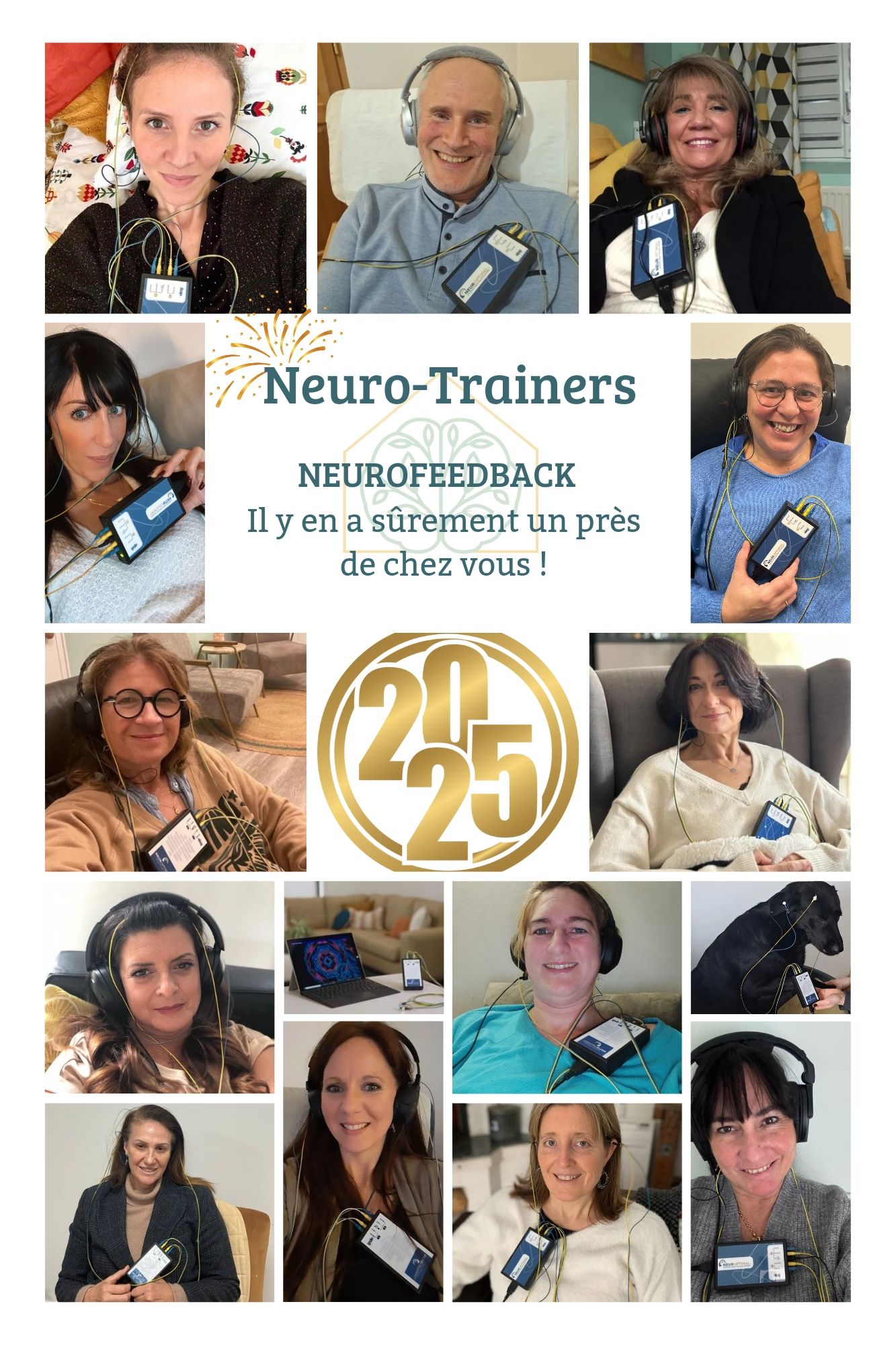 Collage of professionals showcasing neurofeedback training equipment with 2025 logo in gold.