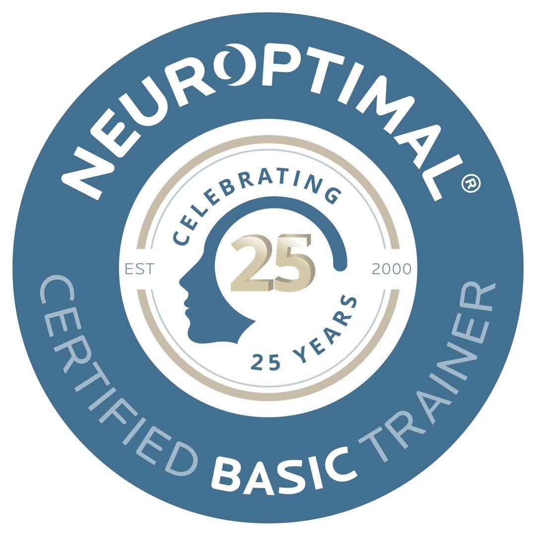 Neuroptimal basic trainer certification badge in blue with 25th anniversary logo.