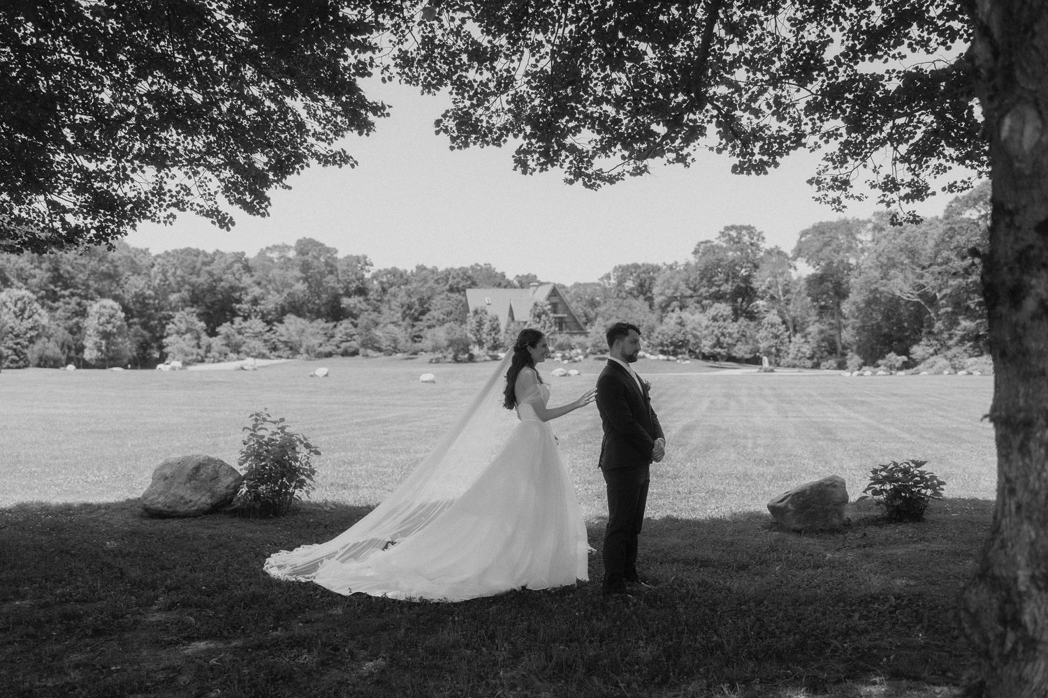 A black and white wedding photograph under tree branches overlooking a scenic countryside landscape with rocks and shrubs.