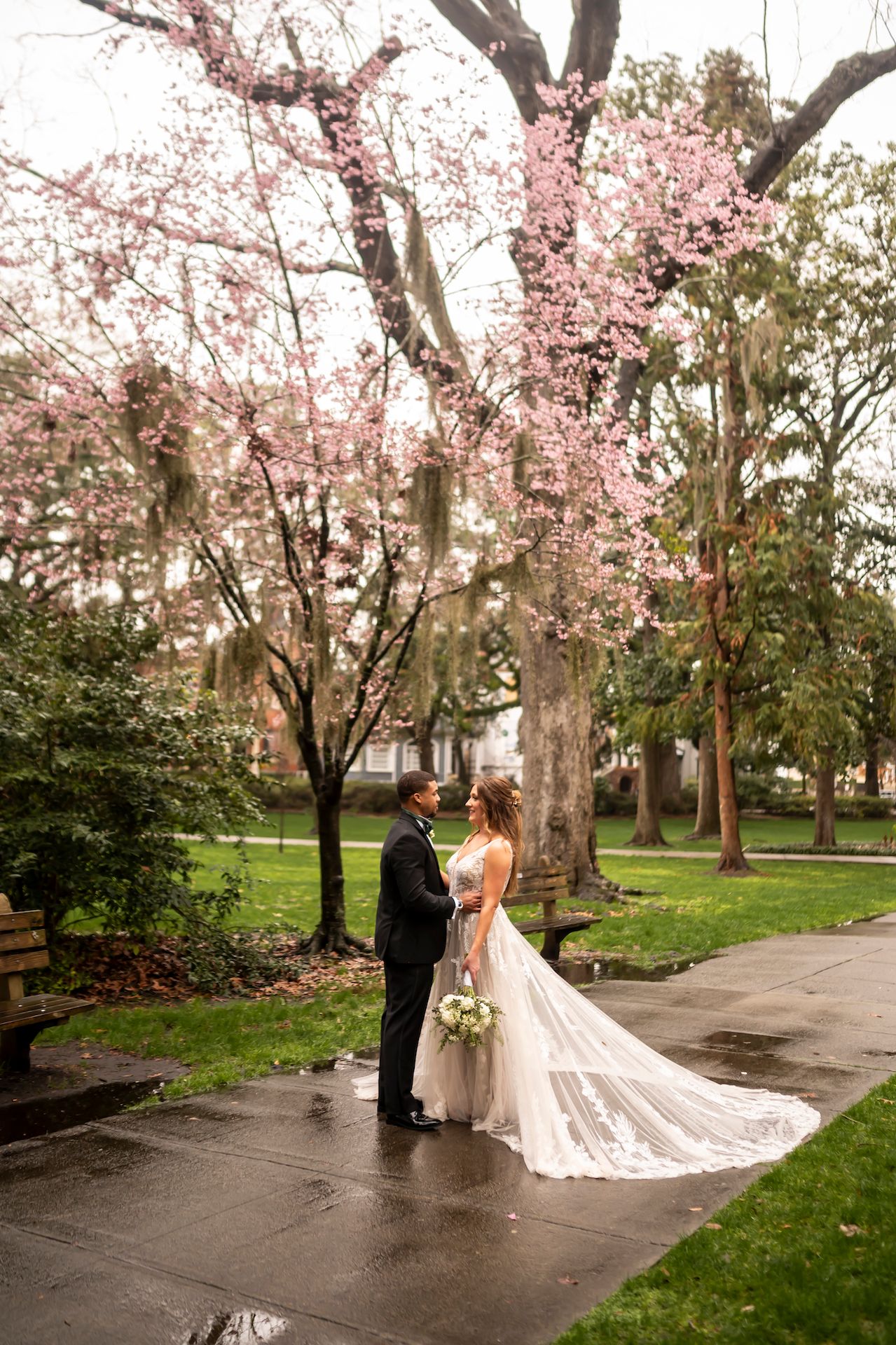 A couple stands under blooming cherry blossom trees on a rainy spring day, with her white wedding dress trailing behind.