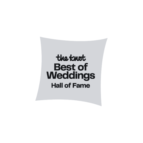 The Knot Best of Weddings Hall of Fame logo in black text on a light gray square background.