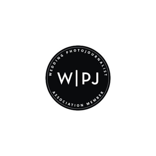 Black and white circular logo badge for WPJA (Wedding Photojournalist Association Member) with minimalist design.