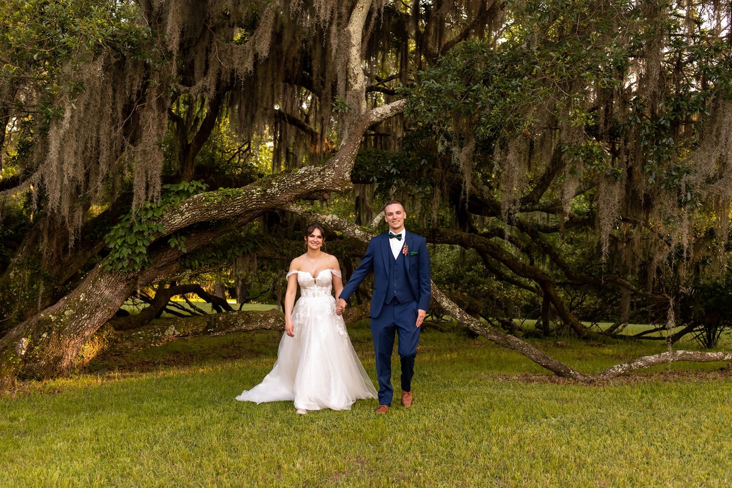 A wedding couple walks hand in hand through a scenic oak grove draped with Spanish moss on a sunny afternoon.