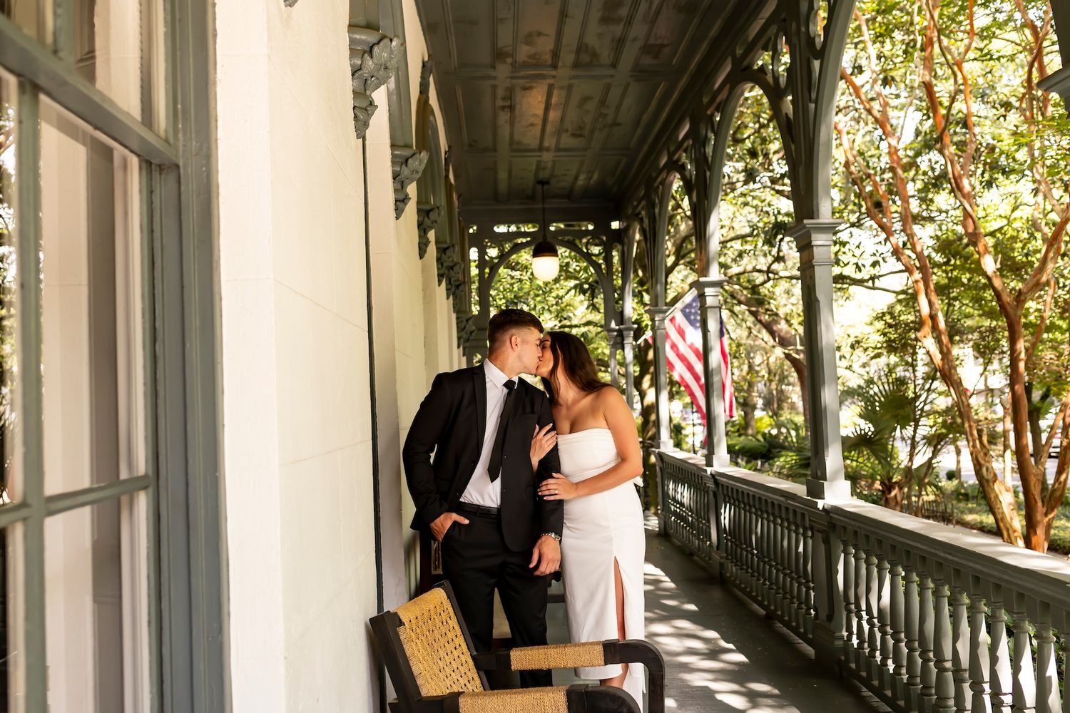A series of romantic wedding moments captured on a wraparound porch with sunlight filtering through tree branches.