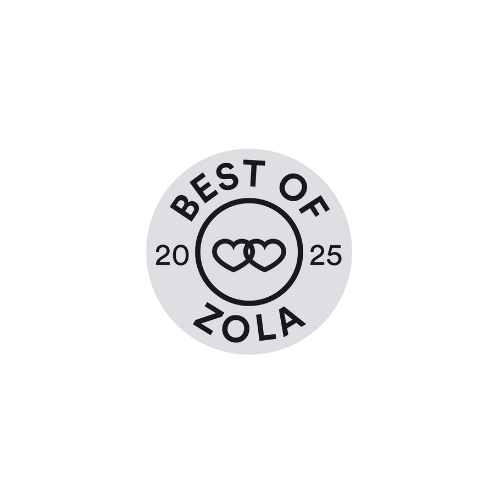Round stamp-style logo reading 'Best of Zola 2025' with interlocking heart icons in the center.