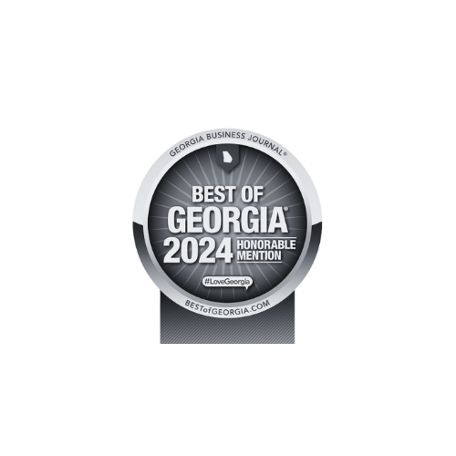 A series of Best of Atlanta 2024 award badges and medallions arranged in a row.