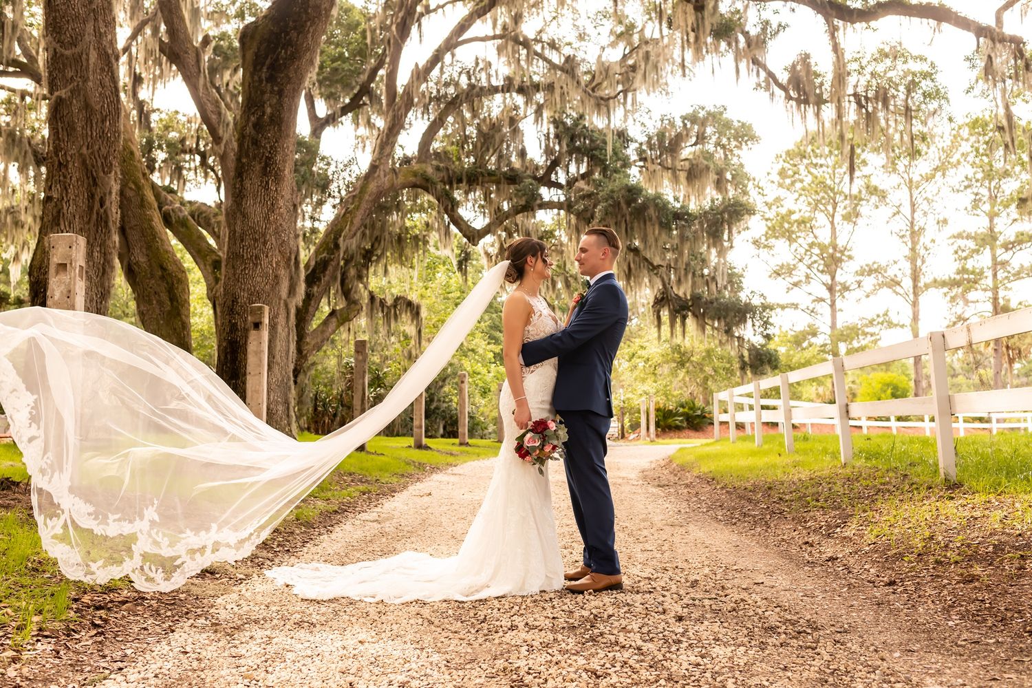 A romantic wedding couple embraces under Spanish moss-draped oak trees at sunset in a park setting.