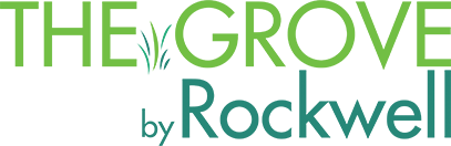 Modern apartment community logo with 'The Grove' text in green and 'by Rockwell' in teal colors.
