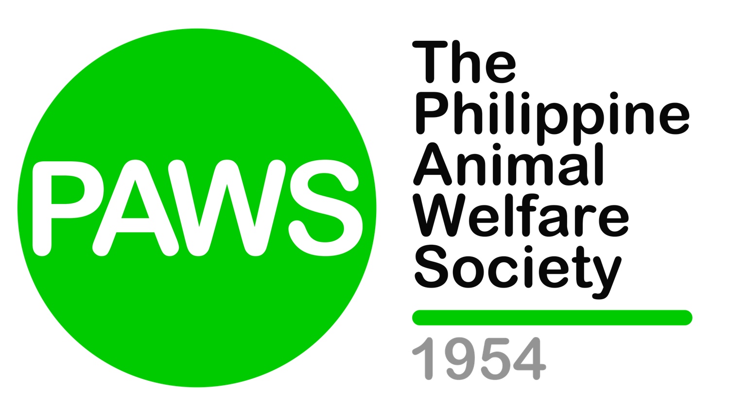 Green circular logo for PAWS (The Philippine Animal Welfare Society) established in 1954.