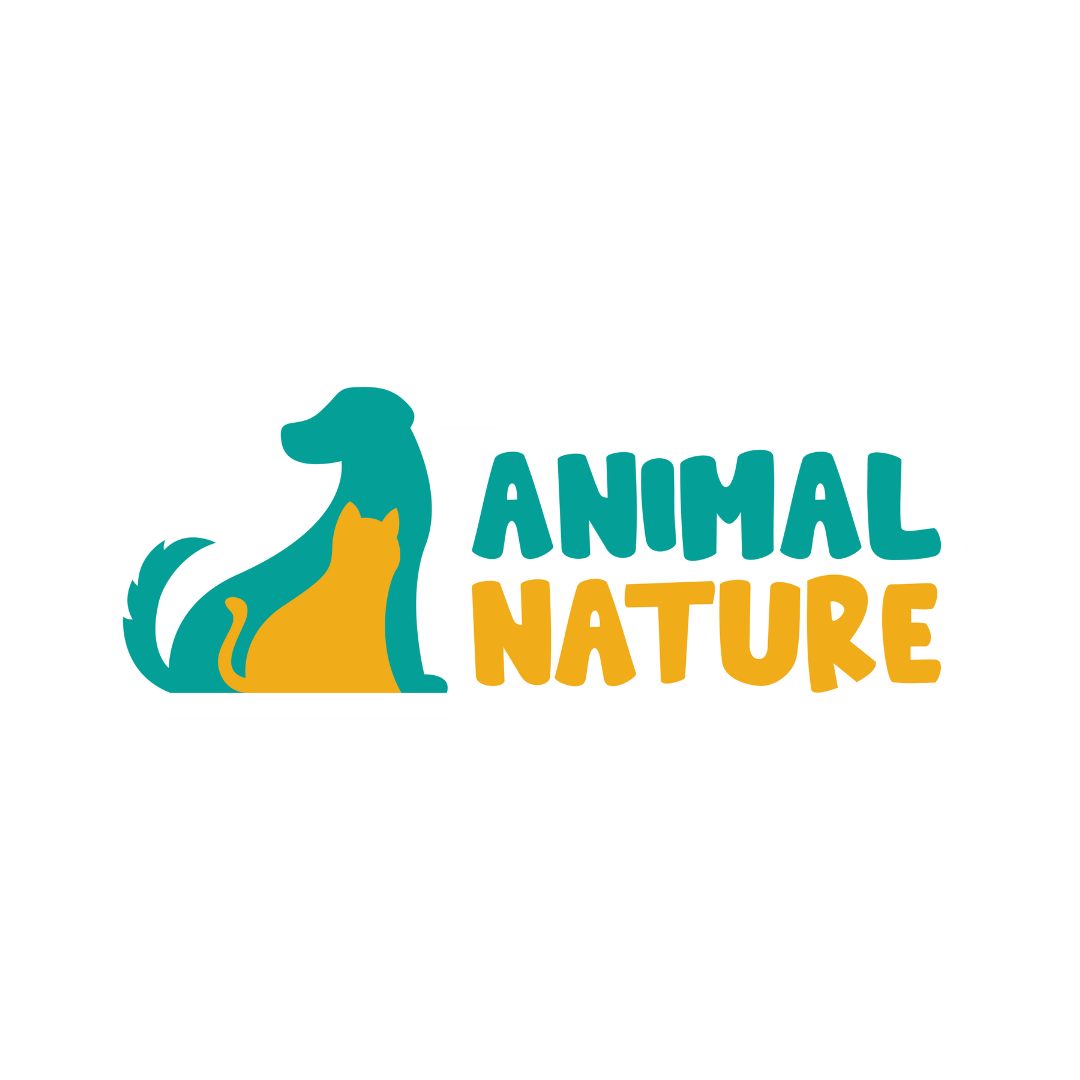 A stylized logo design featuring a blue dog and yellow cat silhouette with text reading Animal Nature.