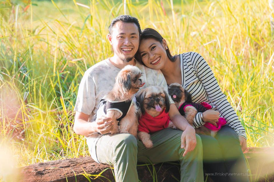 Happy family sitting together in golden sunlit field of tall grass during sunset photo session.