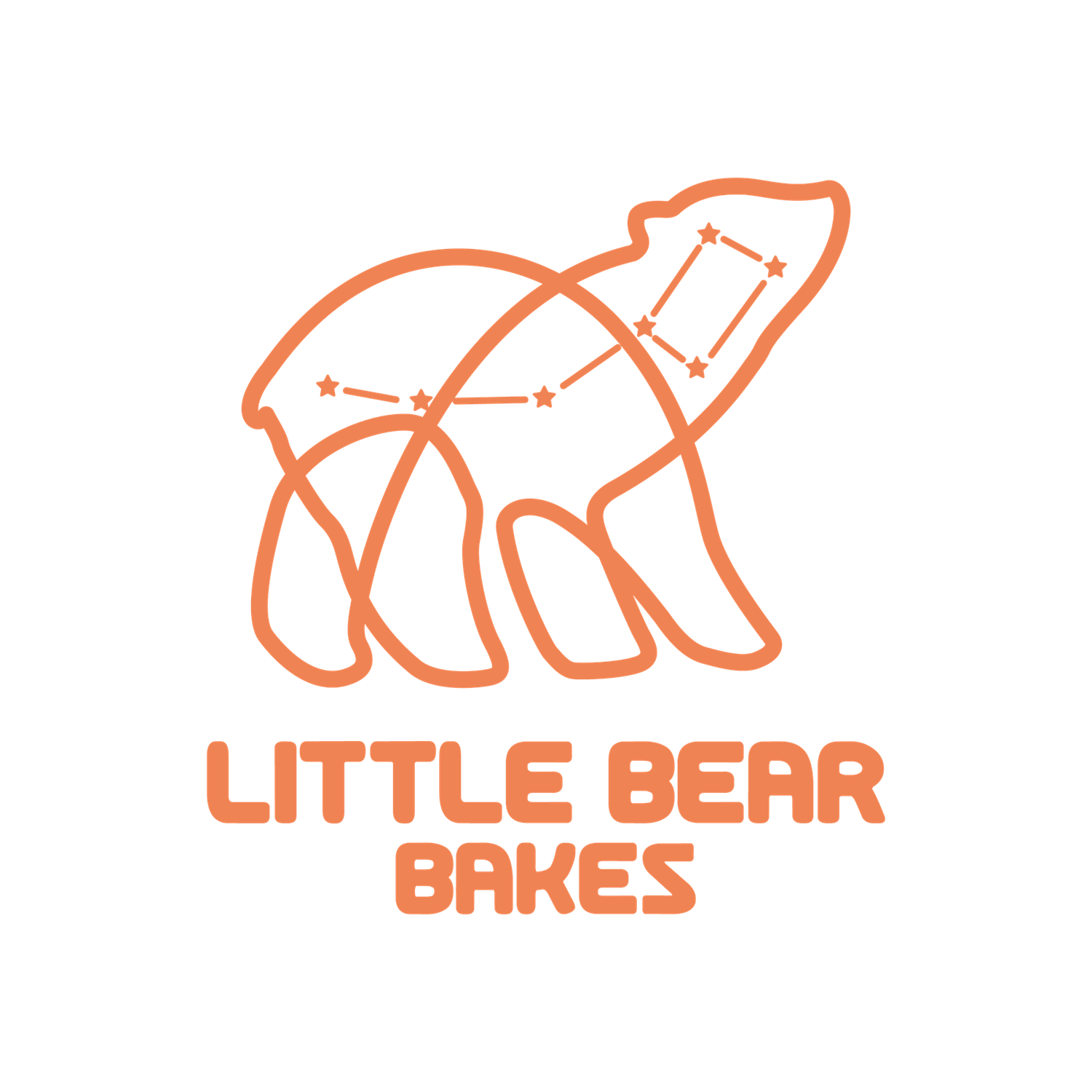 A minimalist orange logo design featuring a geometric bear silhouette with constellation-style lines and text reading 'Little Bear Bakes'.